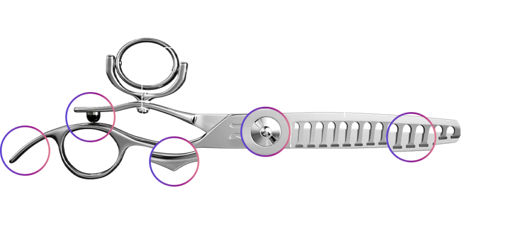 HH313T Hanashi Aru Swivel thinning shear with labeled features: permanent finger rest, screw-in bumper, lifetime warranty, ergonomic design, countersunk locking tension control, Japanese steel and shear teeth for weight removal.