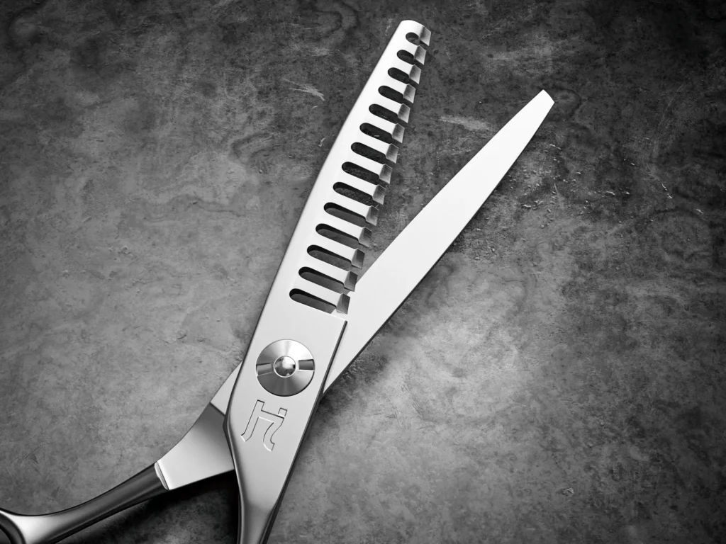 Hattori Hanzo HHVT1 Mamba texturizer thinning shear — open blades showing teeth and cutting edge
