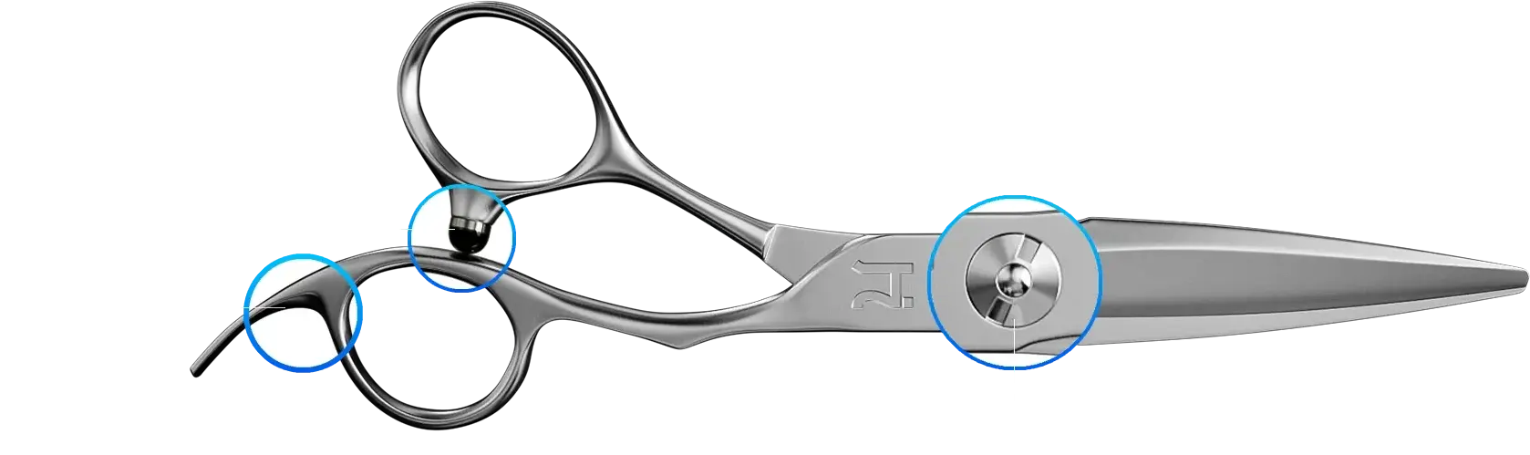 Hattori Hanzo shear diagram highlighting finger rest, bumper, and tension control