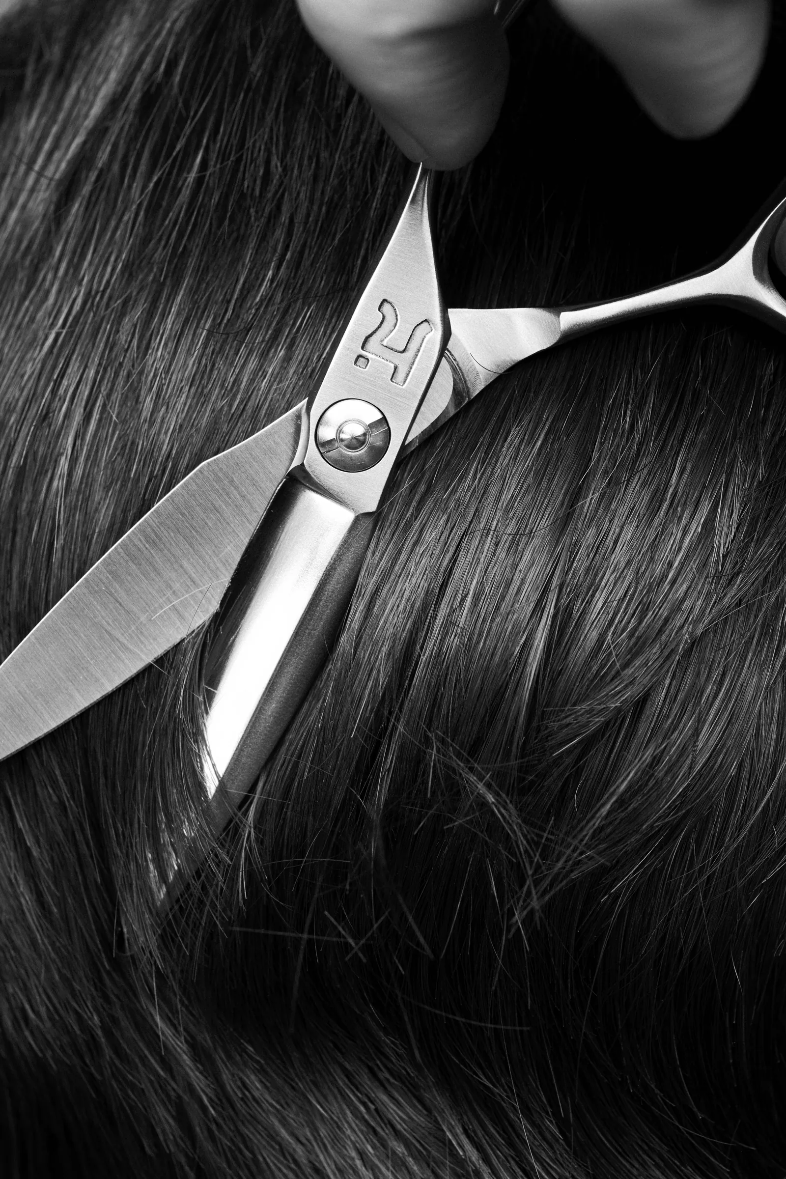 Hanzo shear resting on a lock of hair