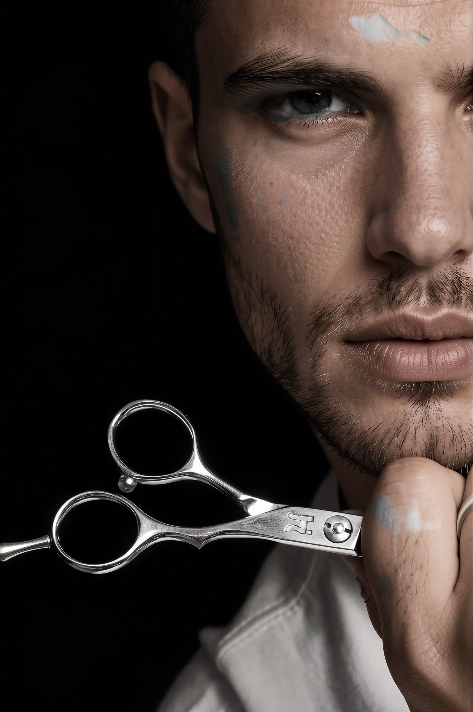 Barber holding a Hanzo shear and comb