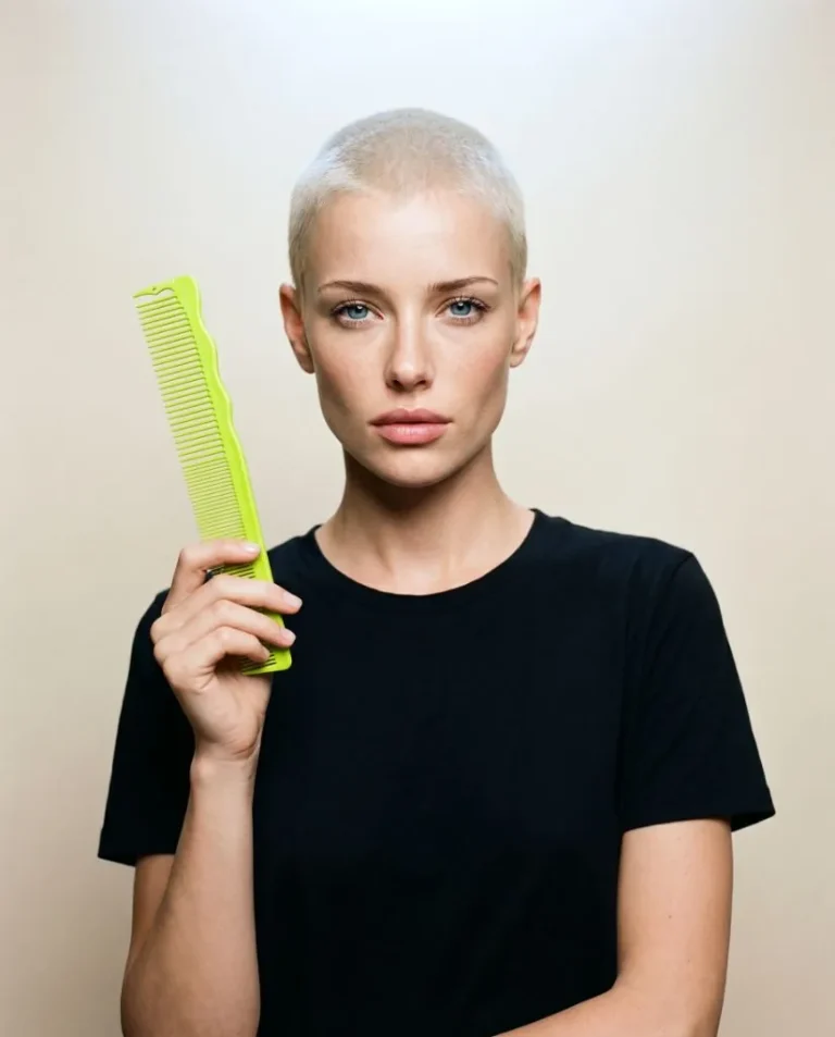 Model with a Hanzo hair cutting comb